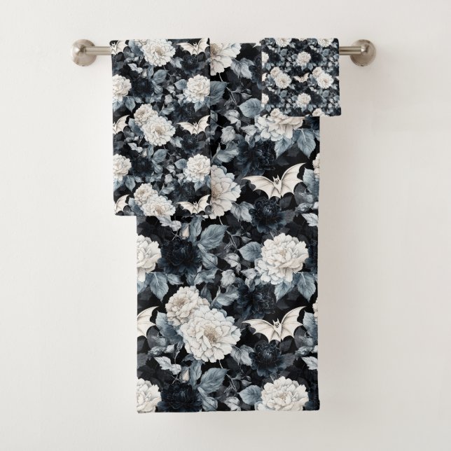 Conjunto De Toalhas Nocturne Bloom - Bats & Blossomas em Monocromo (Insitu)