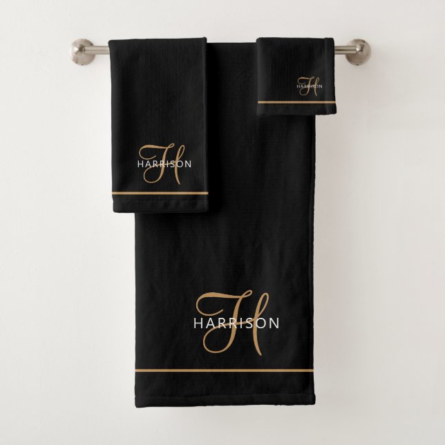 Conjunto De Toalhas Nome com Letra de Forma Elegante Preto Dourado  (Insitu)