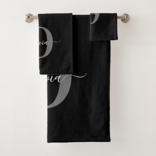 Conjunto De Toalhas Nome com Letra Inicial Personalizada Preto Branco 