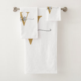 Conjunto De Toalhas Nome com Monograma em Ouro Branco com Letra Modern