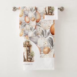 Conjunto De Toalhas Nome da Família Rustic Beige Páscoa Rabbit