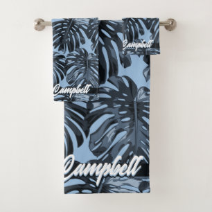 Conjunto De Toalhas Nome das Folhas de Monstera Azul-Escuro Tropical