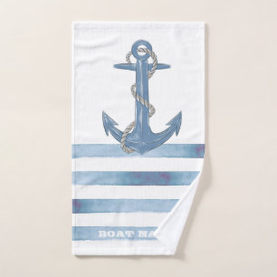 Conjunto De Toalhas Nome de Barco Náutico,Âncora,Corda,Listras Azuis C