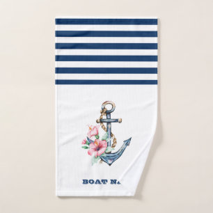 Conjunto De Toalhas Nome de Barco Náutico, Âncora Floral Listras Azul