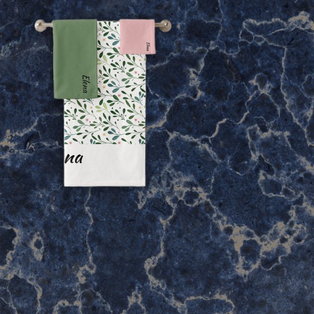 Conjunto De Toalhas Nome de folha verde do padrão aquarela (Criador carregado)