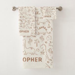 Conjunto De Toalhas Nome de Menino Dinossauros Dino Fofo Boho Bege Sel