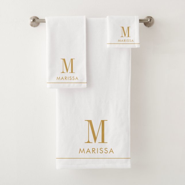 Conjunto De Toalhas Nome de Script Dourado do Monograma Elegante Branc (Insitu)