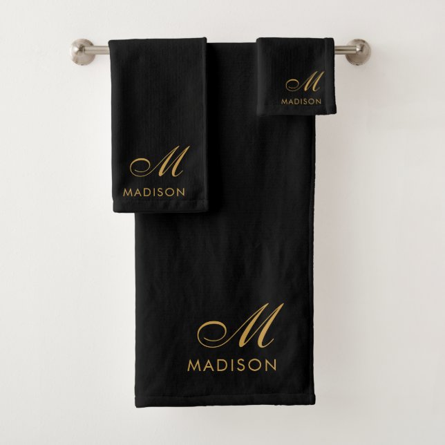 Conjunto De Toalhas Nome de Script Dourado do Monograma Elegante Preto (Insitu)