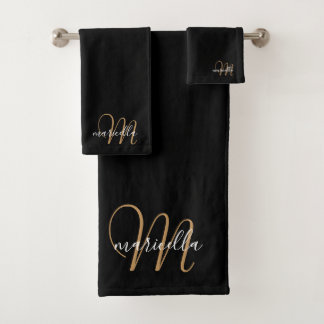 Conjunto De Toalhas Nome de Script Dourado do Monograma Preto