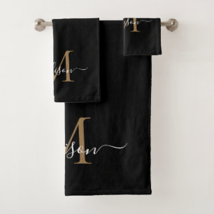 Conjunto De Toalhas Nome de Script Moderno do Monograma Dourado a Pret