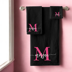 Conjunto De Toalhas Nome do Monograma da Rapariga Preta-Rosa Quente