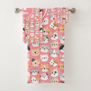 Conjunto De Toalhas Nome do Monograma de Gatos Cons Rosa