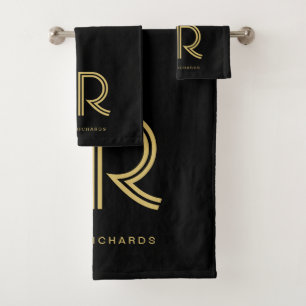 Conjunto De Toalhas Nome do monograma de ouro negro elegante