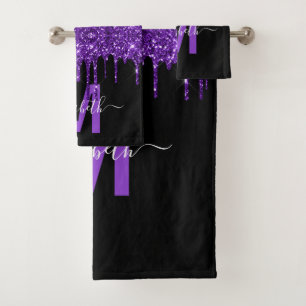 Conjunto De Toalhas Nome do Monograma do Glitter de Disposição Roxo