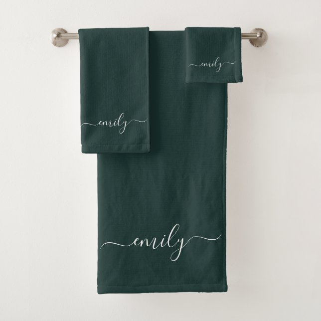 Conjunto De Toalhas Nome do Monograma do Script Moderno Verde Escuro (Insitu)