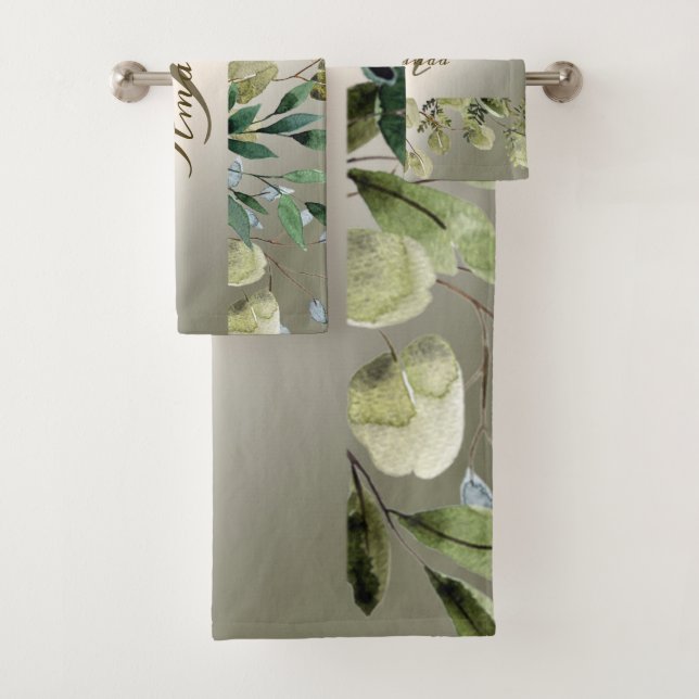 Conjunto De Toalhas Nome do Monograma Folhas Verdes Bronze Dourado Ele (Insitu)