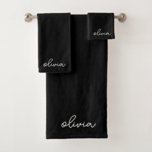 Conjunto De Toalhas Nome do Monograma Girly de Script Moderno Preto