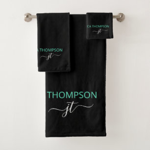Conjunto De Toalhas Nome do Monograma Simples de Script de Teal Preto
