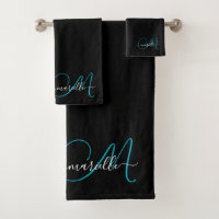 Nome do Script do Monograma Azul Preto Elegante