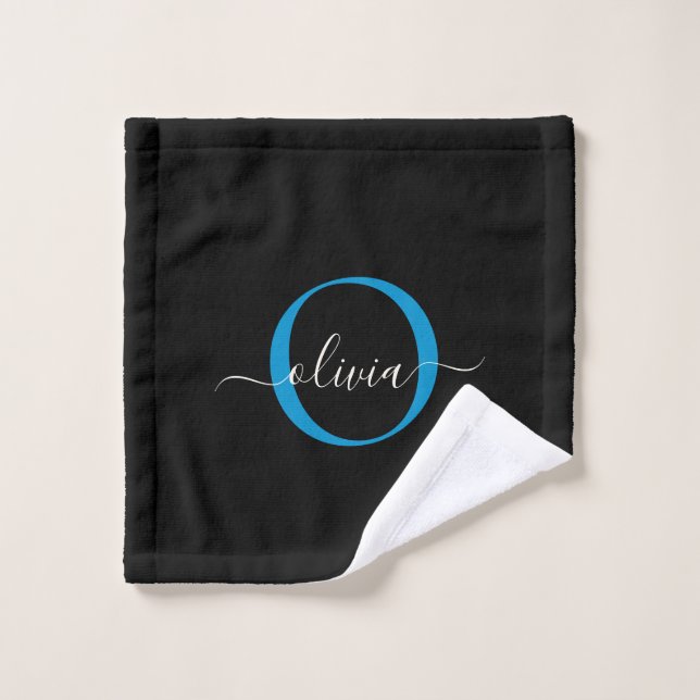 Conjunto De Toalhas Nome do Script do Monograma Azul Preto Elegante Mo (Pano de lavar)
