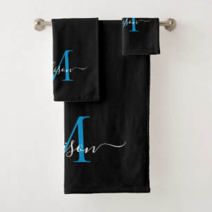 Conjunto De Toalhas Nome do Script do Monograma Azul Preto Elegante Mo