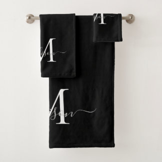 Conjunto De Toalhas Nome do Script do Monograma Branco Preto Elegante