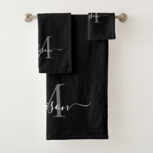 Conjunto De Toalhas Nome do Script do Monograma da Cinza Negra Moderna