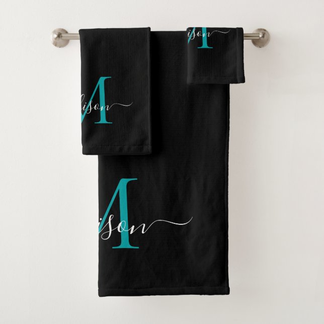 Conjunto De Toalhas Nome do Script do Monograma do Teal Negro Elegante (Insitu)