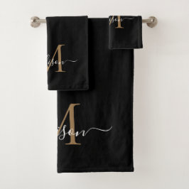 Conjunto De Toalhas Nome do Script do Monograma Dourado Preto Elegante