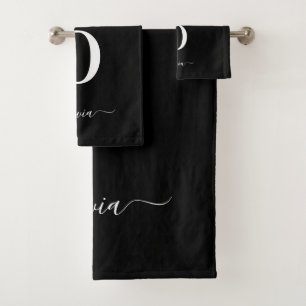 Conjunto De Toalhas Nome do script do monograma preto e branco persona