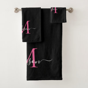 Conjunto De Toalhas Nome do Script do Monograma preto-rosa Elegante Mo
