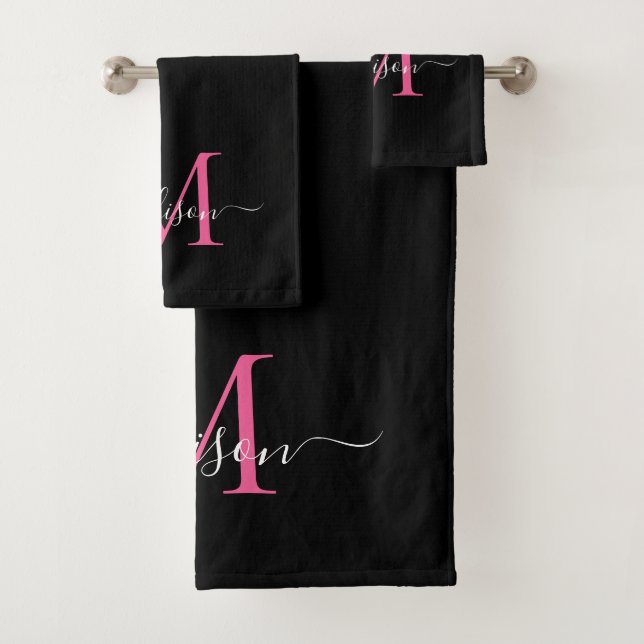Conjunto De Toalhas Nome do Script do Monograma preto-rosa Elegante Mo (Insitu)