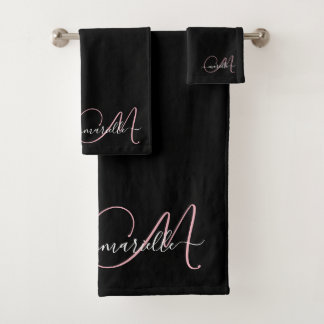 Conjunto De Toalhas Nome do Script do Monograma Rosa Preto Elegante