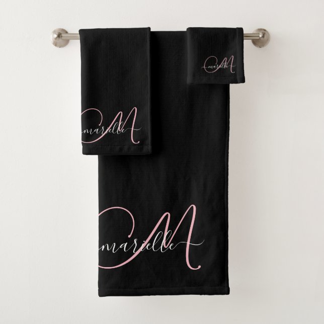 Conjunto De Toalhas Nome do Script do Monograma Rosa Preto Elegante (Insitu)