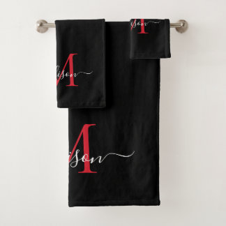 Conjunto De Toalhas Nome do Script do Monograma Vermelho Moderno Black