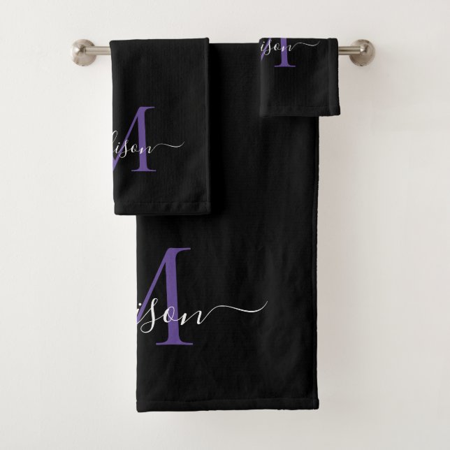 Conjunto De Toalhas Nome do Script do Monograma Violeta Roxo Preto Mod (Insitu)