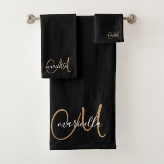 Conjunto De Toalhas Nome do Script Dourado Monograma Cujo Nome é Preto