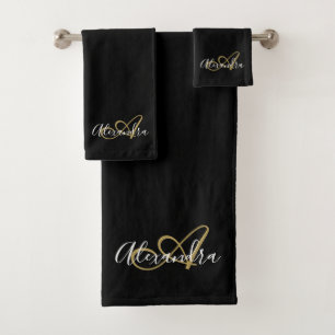 Conjunto De Toalhas Nome do Script Dourado Preto do Monograma Elegante