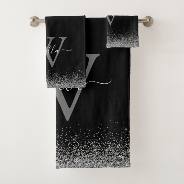 Conjunto De Toalhas Nome do Script Elegante da Glitter Preta do Sliver (Insitu)