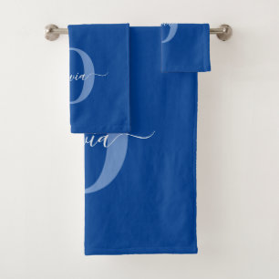 Conjunto De Toalhas Nome do Script Monograma Personalizado Branco Azul