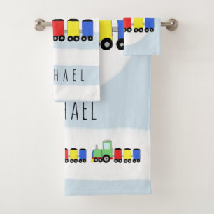 Conjunto De Toalhas Nome e trem de locomotivas coloridos para o bebê