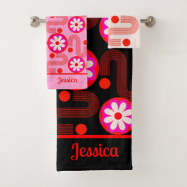 Conjunto De Toalhas Nome Floral Vermelho Preto Cor-de-Rosa Moderno do