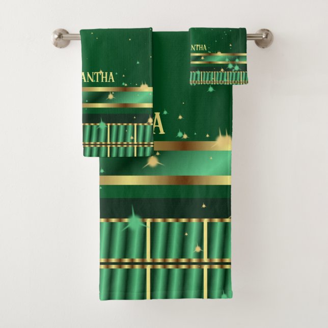 Conjunto De Toalhas Nome Geométrico Dourado E Verde Esmeralda Única (Insitu)