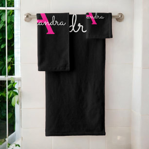 Conjunto De Toalhas Nome Monograma de Letra Cursiva Rosa Quente Femini