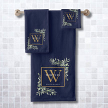 Nome Monograma Dourado Verde Folhagem Azul Naval