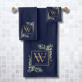 Conjunto De Toalhas Nome Monograma Dourado Verde Folhagem Azul Naval