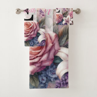 Conjunto De Toalhas Nome monograma em aquarela Flores em pastos
