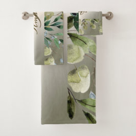 Conjunto De Toalhas Nome Monograma Folhas Verdes Bronze Dourado Elegan