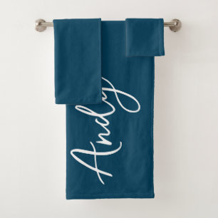 Conjunto De Toalhas Nome Personalizado Azul do Marinho de Caligrafia M