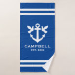 Conjunto De Toalhas Nome personalizado azul e branco da âncora do barc<br><div class="desc">Marinho de âncora de barco náutico, azul e família personalizada listrada branca, nome Bath Towel Set. Toalhas de banheiro elegantes com logotipo marítimo e data do ano. Design de na moda com impressão de tipografia com pombas brancas e âncoras cardíacas adoráveis. decoração de chic home para banheiro, banheiro, casa de...</div>